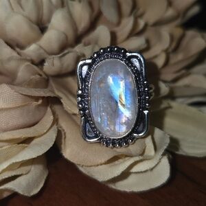 Super Blue Flashy Moonstone 925 Sterling Silver Overlay Ring Size 7½ NEW